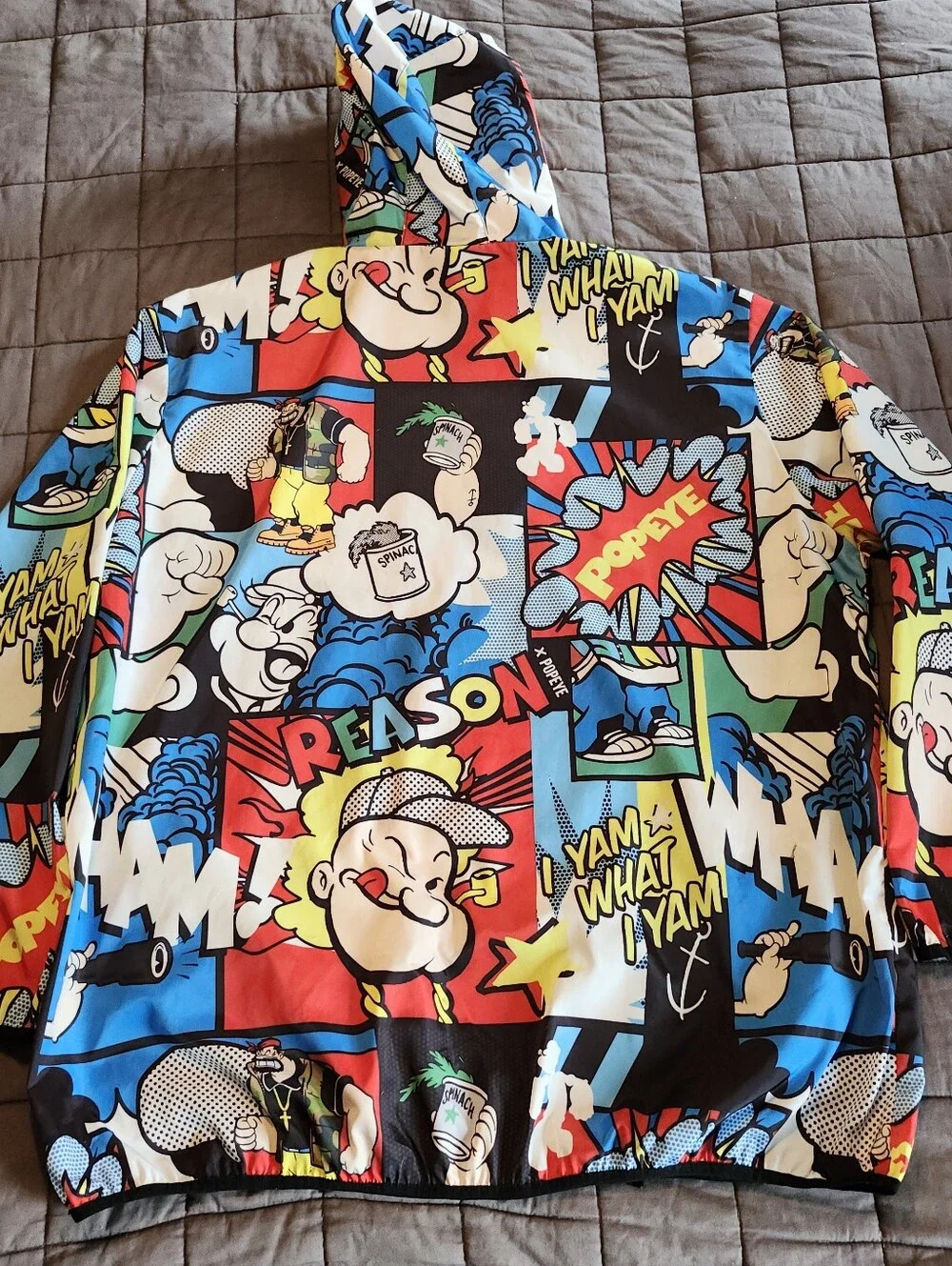 REASON POPEYE Comic Allover Print Multicolor Windbreaker 1/4 Zip Hood Mens 3XL